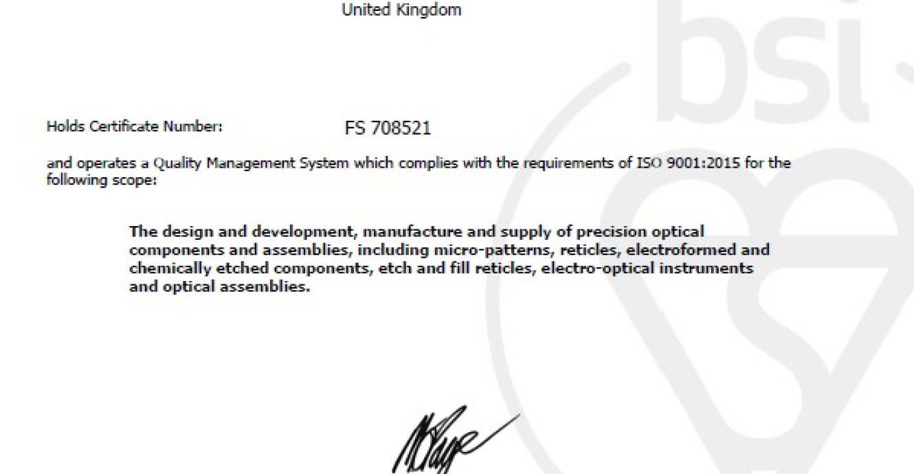 Graticules Optics ISO 9001:2015 Accreditation
